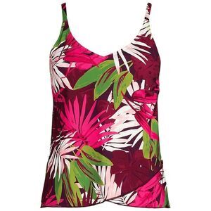 Land’s End tulip hem adjustable strap tankini dark wine, multi tropical palm Var